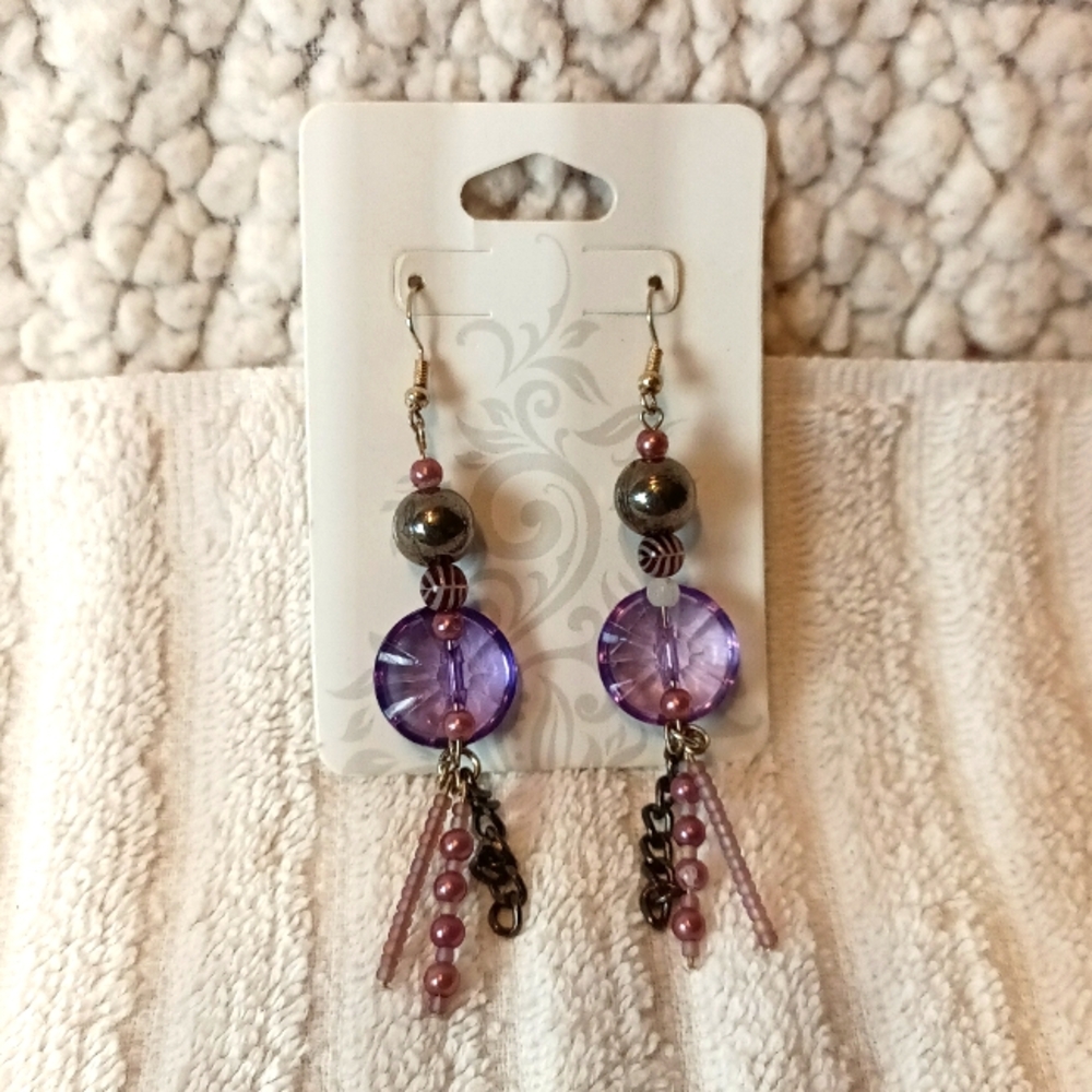 Purple dangly button earrings